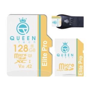 کارت حافظه Micro SD XC کوئین تک مدل A2-V30-566X کلاس 10 استاندارد UHS-l U3 سرعت 85mbps ظرفیت 128 گیگابایت به همراه آداپتور SD و کارت خوان USB